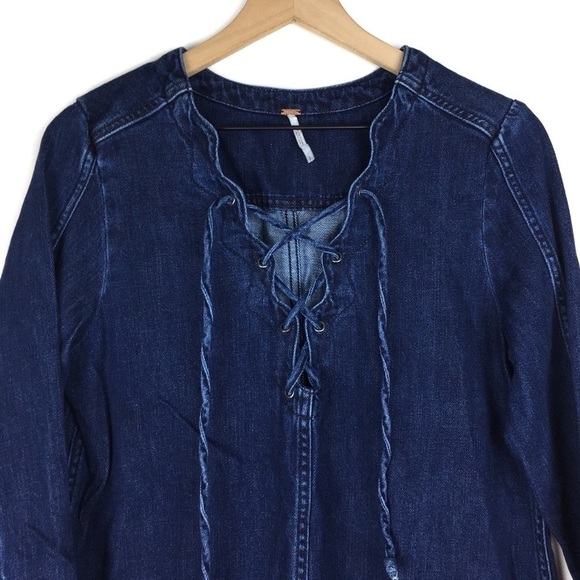FREE PEOPLE Denim Tunic Top Jean Dress Neapolitan Dreams Lace Up Long Sleeve S - Picture 3 of 13